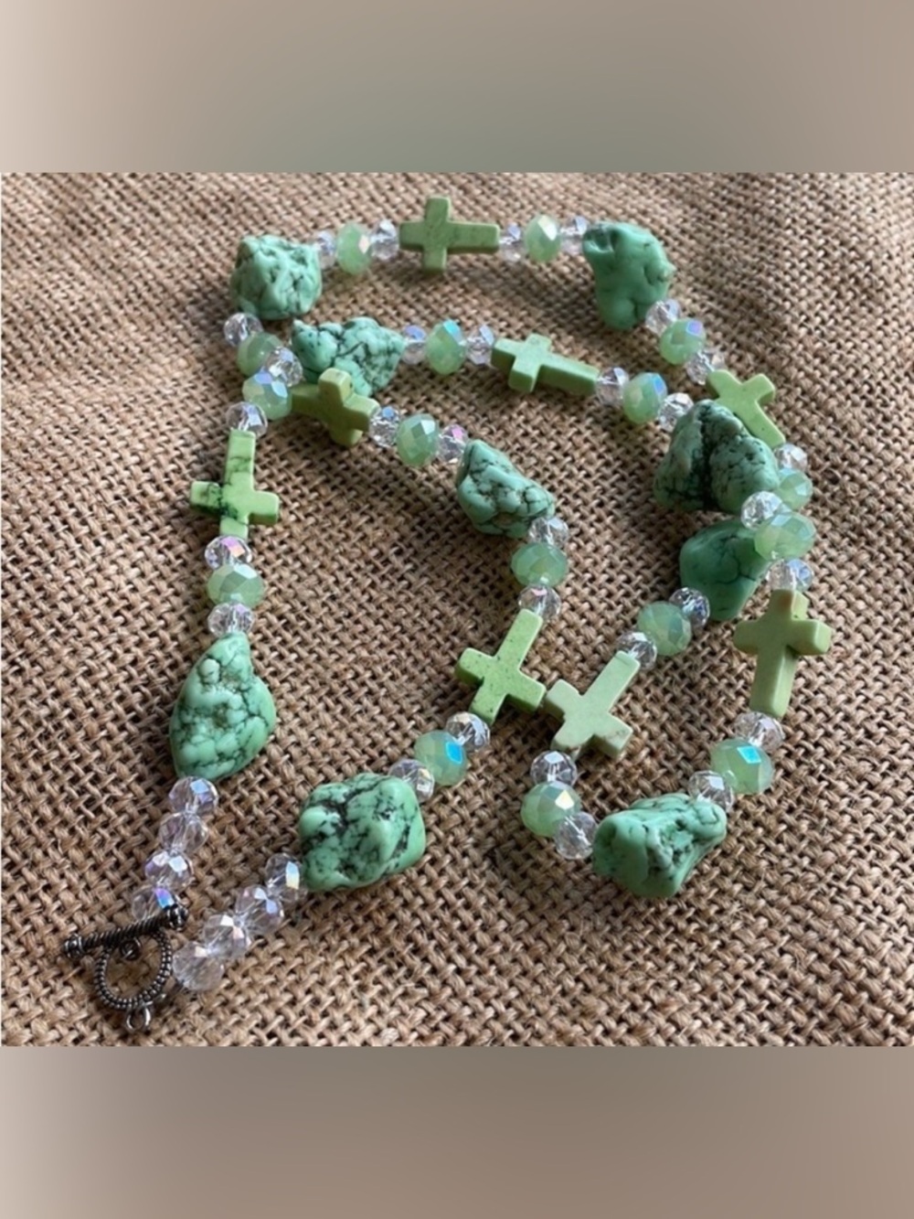 Turquoise Green Crosses Necklace Glass Beads Stone Necklace Western New